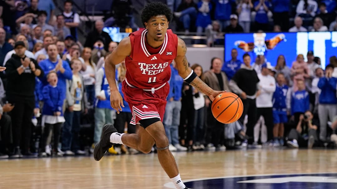 Texas Tech Red Raiders guard Jaylen Petty (11) dribbles the ball during the second half against the BYU Cougars at Marriott Center. 