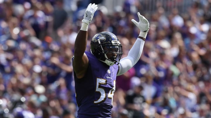 Sep 11, 2016; Baltimore, MD, USA;  Baltimore Ravens linebacker Zach Orr (54) reacts after Buffalo Bills kicker Dan Carpenter (not pictured) missed a field goal during the third quarter at M&T Bank Stadium. The Ravens won 13-7. Mandatory Credit: Tommy Gilligan-USA TODAY Sports