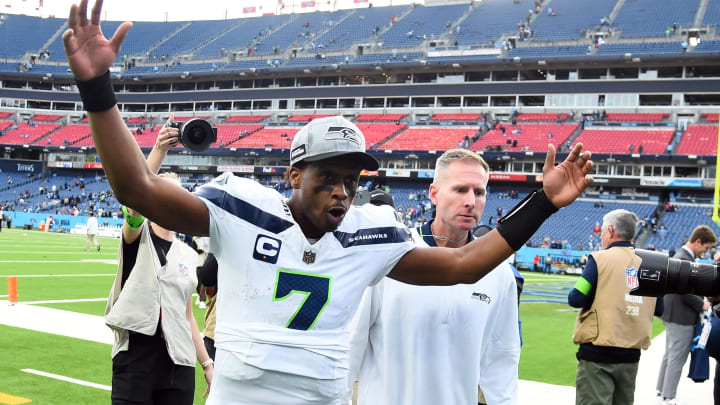 Seattle Seahawks quarterback Geno Smith (7) celebrates.