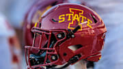 Nov 9, 2024; Kansas City, Missouri, USA; Iowa State Cyclones helmets on the bench during the first quarter against the Kansas Jayhawks at GEHA Field at Arrowhead Stadium. 