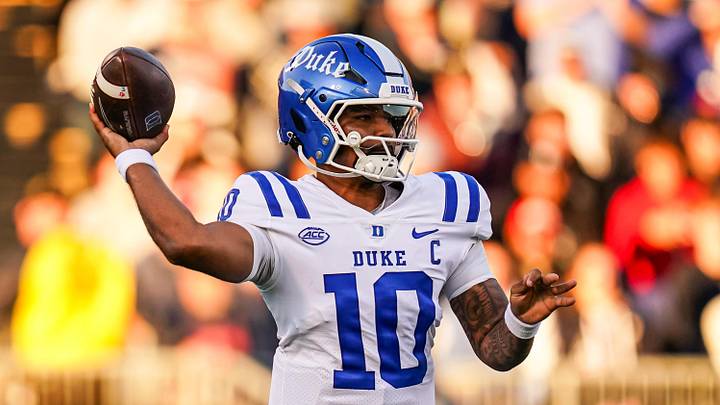 Nov 8, 2025; East Hartford, Connecticut, USA; Duke Blue Devils quarterback Darian Mensah (10) throws a pass against the UConn Huskies in the first quarter at Pratt & Whitney Stadium at Rentschler Field. Mandatory Credit: David Butler II-Imagn Images