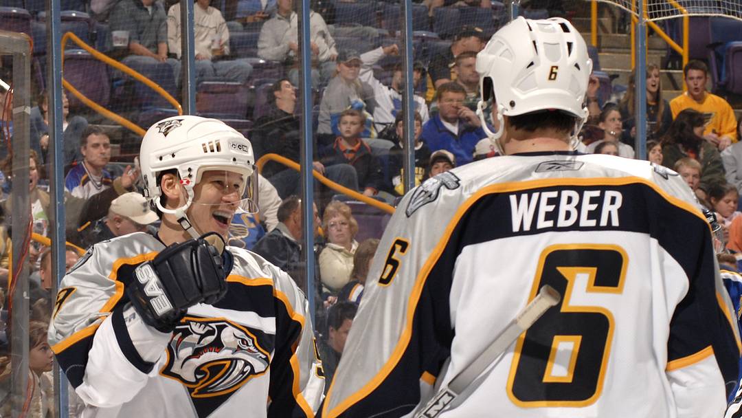 Apr 6, 2006; St. Louis, MO, USA;  Nashville Predators forward Paul Kariya (9) celebrates his third period goal against the St. Louis Blues at the Savvis Center in St. Louis, MO. Mandatory Credit:Scott Rovak-Imagn Images Copyright © Scott Rovak