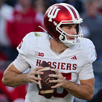 Indiana quarterback Fernando Mendoza moves in the pocket Nov. 8, 2025, against Penn State at Beaver Stadium.