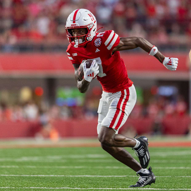 Nebraska wide receiver Jacory Barney Jr. rushes for a 10-yard touchdown during Nebraska's 34-3 win against Northern Iowa.