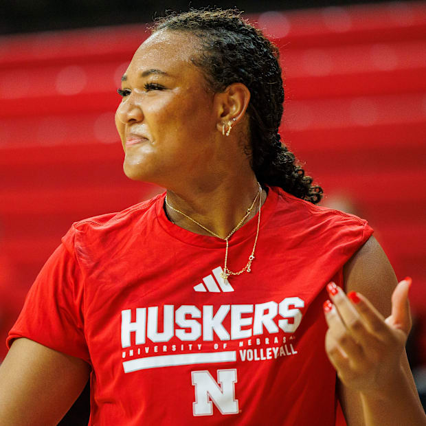 Nebraska volleyball middle blocker Manaia Ogbechie at practice ahead of the 2025 season.