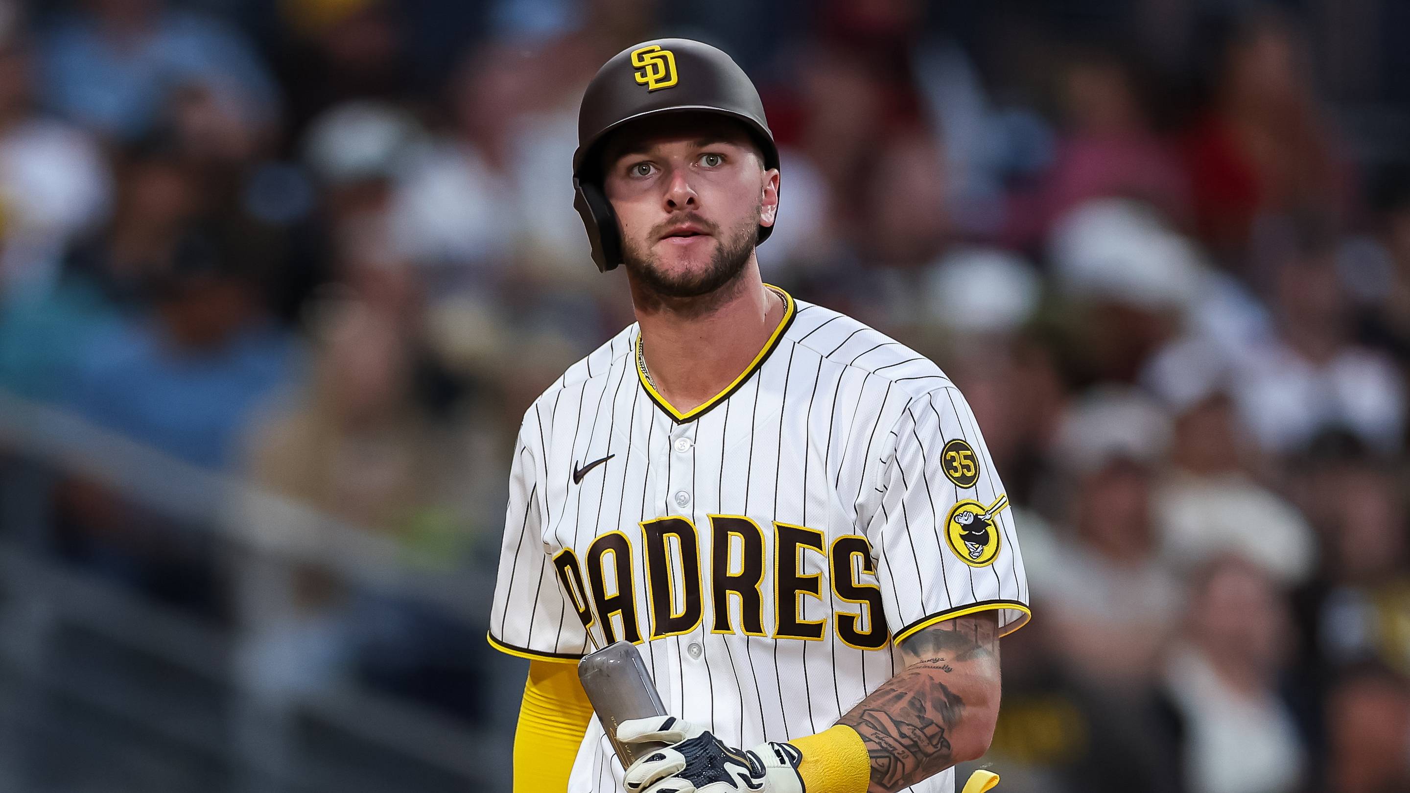 Jul 6, 2026; San Diego, California, USA; San Diego Padres center fielder Jackson Merrill (3) reacts after striking out in the fourth inning against the Arizona Diamondbacks at Petco Park. Mandatory Credit: Chadd Cady-Imagn Images