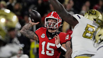 Georgia quarterback Carson Beck (15) throws the ball during the first half of a NCAA college football game against Georgia Tech in Athens, Ga., on Friday, Nov. 29, 2024.
