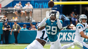 Jacksonville Jaguars safety Eric Murray (29) breaks up a pass intended for Carolina Panthers wide receiver Xavier Legette (17) during the second quarter of an NFL football game between the Carolina Panthers at Jacksonville Jaguars at EverBank Stadium Sunday September 7, 2025. [Doug Engle/Florida Times-Union]