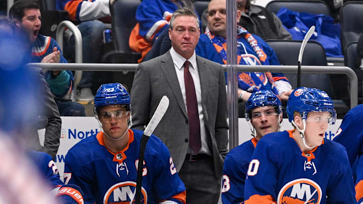 Feb 8, 2024; Elmont, New York, USA; New York Islanders head coach Patrick Roy coaches against the