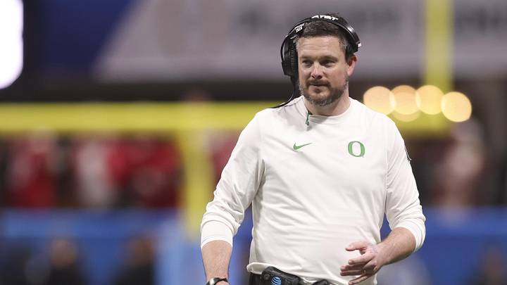 Jan 9, 2026; Atlanta, GA, USA; Oregon Ducks head coach Dan Lanning reacts during the first half of the 2025 Peach Bowl and semifinal game of the College Football Playoff against the Indiana Hoosiers at Mercedes-Benz Stadium. Mandatory Credit: Brett Davis-Imagn Images