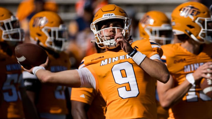 Skylar Locklear (9) of the UTEP football Orange Swarm team works on drills before the spring game on Saturday, April 20, 2024, at the Sun Bowl stadium in El Paso, TX. Skylar Locklear (9) of the UTEP football Orange Swarm team works on drills before the spring game on Saturday, April 20, 2024, at the Sun Bowl stadium in El Paso, TX.