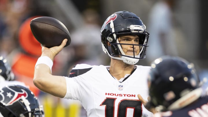 Aug 1, 2024; Canton, Ohio, USA; Houston Texans quarterback Davis Mills (10) throws the ball during the first quarter against the Chicago Bears at Tom Benson Hall of Fame Stadium. Mandatory Credit: Scott Galvin-USA TODAY Sports