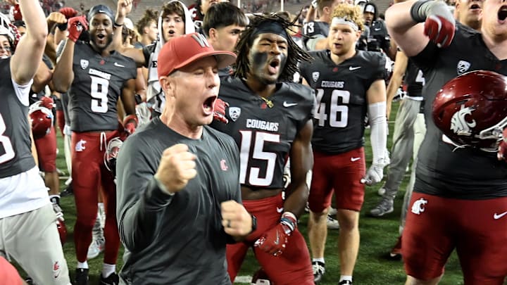 Sep 7, 2024; Pullman, Washington, USA; Washington State Cougars head coach Jake Dickert celebrates after a game against the Texas Tech Red Raiders at Gesa Field at Martin Stadium. Washington State Cougars won 37-16. Mandatory Credit: James Snook-Imagn Images