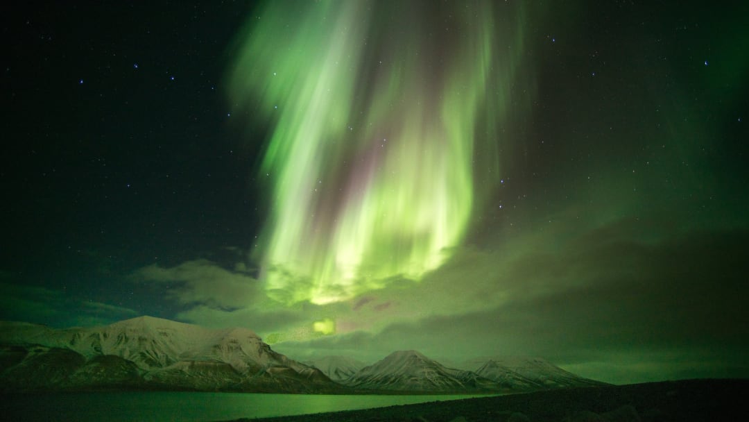 Typical northern lights over Longyearbyen. The “exceptionally gigantic” polar rain aurora was even bigger.