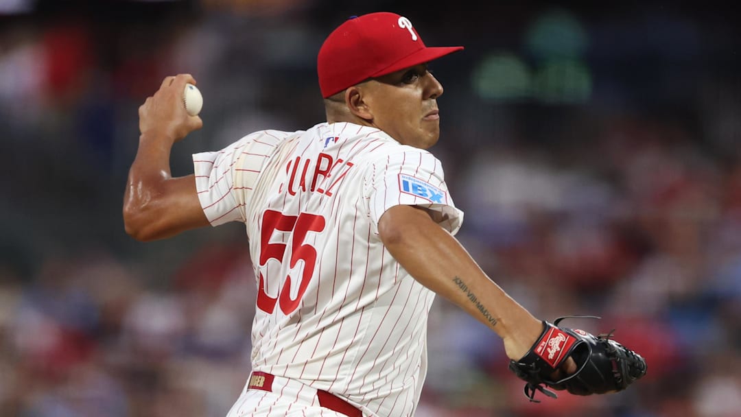 Sep 27, 2025; Philadelphia, Pennsylvania, USA; Philadelphia Phillies pitcher Ranger Suarez (55) throws a pitch against the Minnesota Twins during the second inning at Citizens Bank Park. Sep 27, 2025; Philadelphia, Pennsylvania, USA; Philadelphia Phillies pitcher Ranger Suarez (55) throws a pitch against the Minnesota Twins during the second inning at Citizens Bank Park.