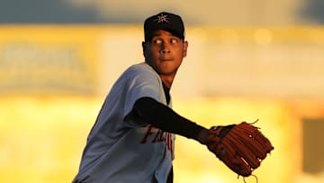 Jun 18, 2013; San Jose, CA, USA; Frederick Keys pitcher Eduardo Rodriguez (40) during the second inning of the California League vs Carolina League All Star Game at San Jose Municipal Stadium.  Mandatory Credit: Kelley L Cox-Imagn Images