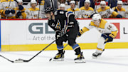 Nov 6, 2024; Washington, District of Columbia, USA; Washington Capitals left wing Alex Ovechkin (8) skates with the puck as Nashville Predators left wing Zachary L'Heureux (68) chases in the first period at Capital One Arena. Mandatory Credit: Geoff Burke-Imagn Images