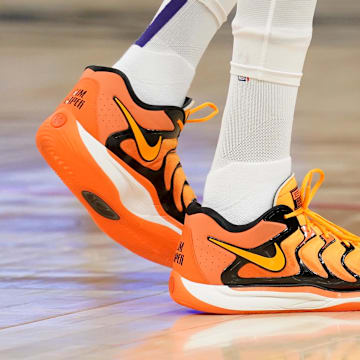 Jan 31, 2025; San Francisco, California, USA; A detail view of the shoes worn by Phoenix Suns forward Kevin Durant (35) before the start of the game against the Golden State Warriors at the Chase Center.