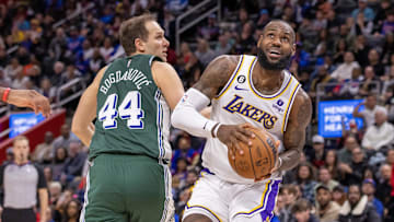 Dec 11, 2022; Detroit, Michigan, USA; Los Angeles Lakers forward LeBron James (6) drives to the