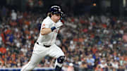 Sep 17, 2025; Houston, Texas, USA; Houston Astros center fielder Jake Meyers (6) hits a single and runs the first baseline against the Texas Rangers in the seventh inning at Daikin Park. Mandatory Credit: Thomas Shea-Imagn Images