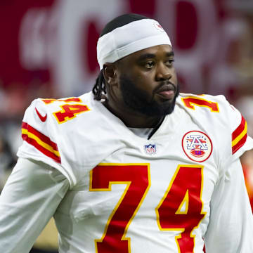 Sep 11, 2022; Glendale, Arizona, USA; Kansas City Chiefs offensive tackle Geron Christian (74) against the Arizona Cardinals at State Farm Stadium. Mandatory Credit: Mark J. Rebilas-Imagn Images