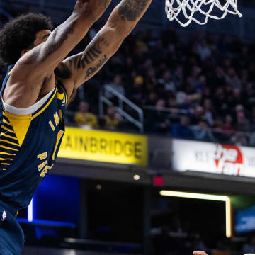 Jan 23, 2024; Indianapolis, Indiana, USA; Indiana Pacers forward Obi Toppin (1) shoots the ball in the first half against the Denver Nuggets at Gainbridge Fieldhouse. Mandatory Credit: Trevor Ruszkowski-USA TODAY Sports