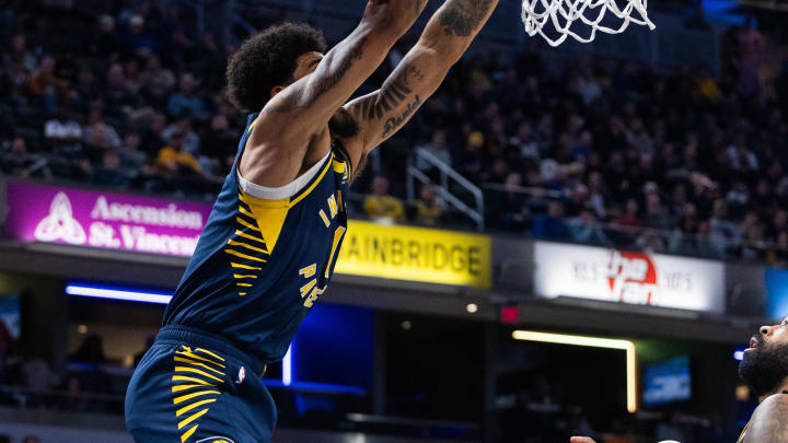 Jan 23, 2024; Indianapolis, Indiana, USA; Indiana Pacers forward Obi Toppin (1) shoots the ball in the first half against the Denver Nuggets at Gainbridge Fieldhouse. Mandatory Credit: Trevor Ruszkowski-USA TODAY Sports