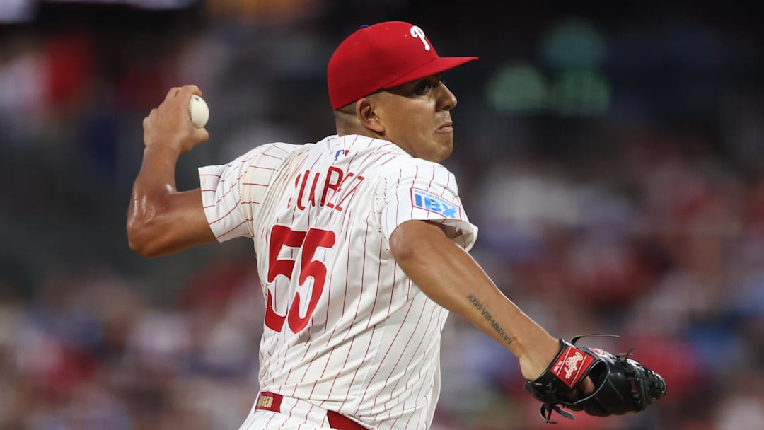 Sep 27, 2025; Philadelphia, Pennsylvania, USA; Philadelphia Phillies pitcher Ranger Suarez (55) throws a pitch against the Minnesota Twins during the second inning at Citizens Bank Park.