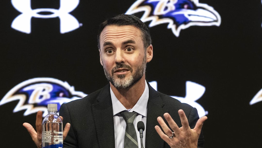 Sashi Brown, Jesse Minter, and Eric DeCosta speak at an introductory press conference at Under Armour Performance Center.