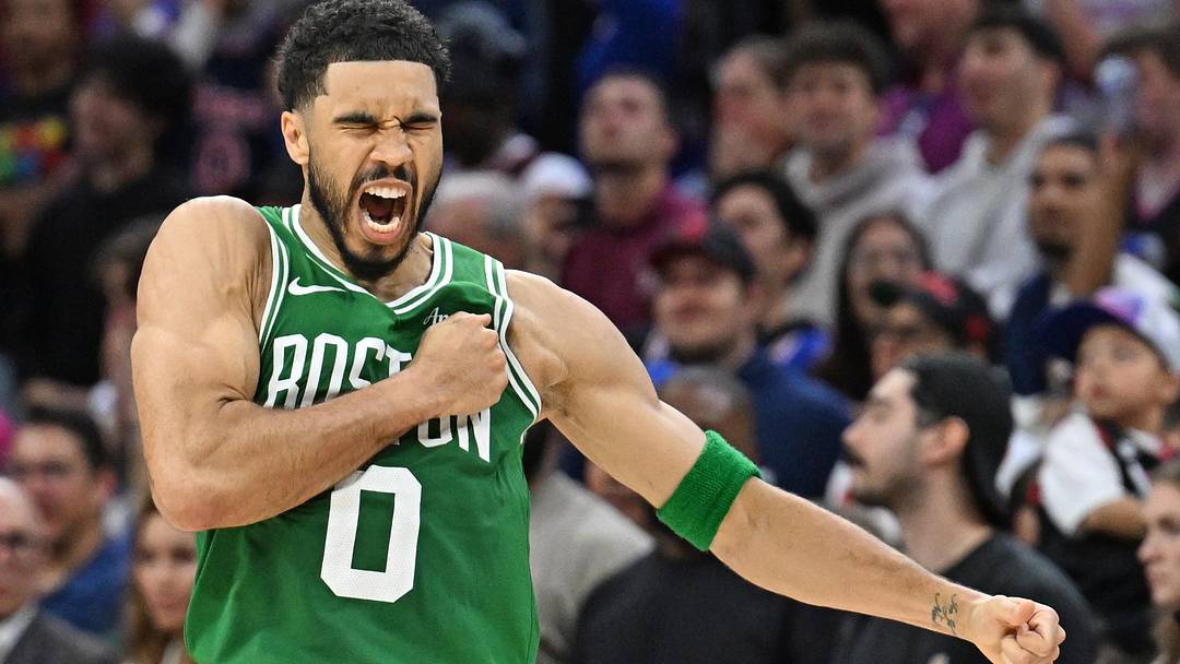 Apr 24, 2026; Philadelphia, Pennsylvania, USA; Boston Celtics forward Jayson Tatum (0) celebrates his three-point basket against the Philadelphia 76ers late in the fourth quarter at Xfinity Mobile Arena. Mandatory Credit: Eric Hartline-Imagn Images