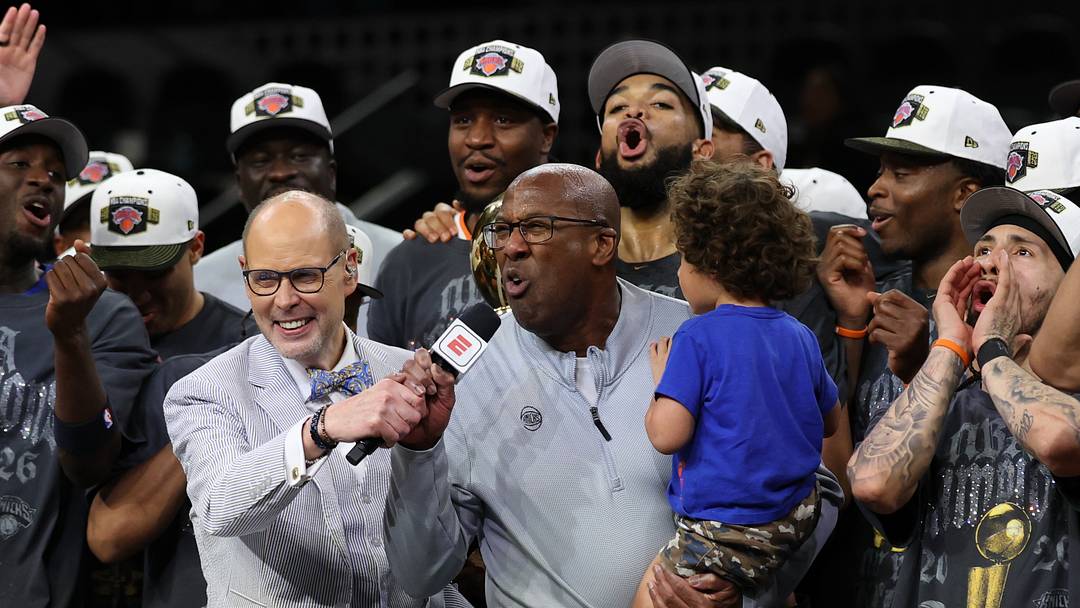 New York Knicks head coach Mike Brown reacts while being interviewed by broadcaster Ernie Johnson (L) during the championship celebration after game five of the 2026 NBA Finals against the San Antonio Spurs at Frost Bank Center. Mandatory Credit: Geoff Burke-Imagn Images New York Knicks head coach Mike Brown reacts while being interviewed by broadcaster Ernie Johnson (L) during the championship celebration after game five of the 2026 NBA Finals against the San Antonio Spurs at Frost Bank Center. Mandatory Credit: Geoff Burke-Imagn Images