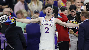 Apr 4, 2022; New Orleans, LA, USA; Kansas Jayhawks guard Christian Braun (2) reacts after defeating the North Carolina Tar Heels during the 2022 NCAA National Championship game.
