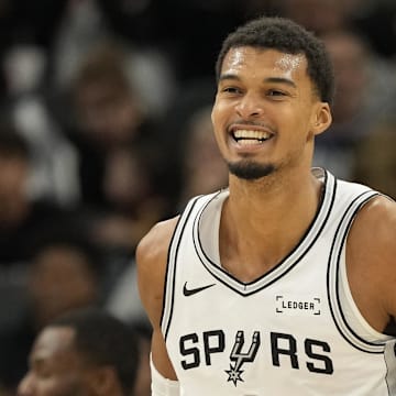 Oct 30, 2025; San Antonio, Texas, USA; San Antonio Spurs forward Victor Wembanyama (1) reacts after losing the ball out of bounds during the second half against the Miami Heat at Frost Bank Center. Mandatory Credit: Scott Wachter-Imagn Images