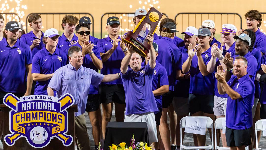 Tigers Head Coach Jay Johnson, LSU Baseball celebrates the 2025 College World Series championship with a ceremony at Alex Box Stadium, Skip Bertman Field. Wednesday, June 25, 2025. Tigers Head Coach Jay Johnson, LSU Baseball celebrates the 2025 College World Series championship with a ceremony at Alex Box Stadium, Skip Bertman Field. Wednesday, June 25, 2025.