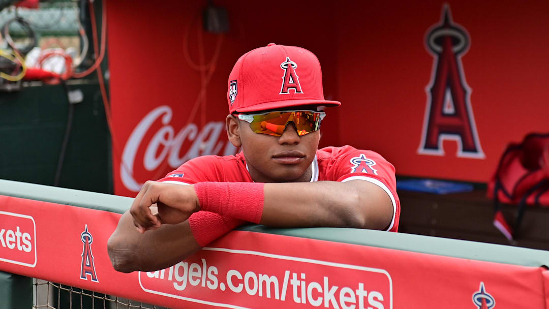 Mar 6, 2024; Tempe, Arizona, USA; Los Angeles Angels outfielder Nelson Rada (75) looks on prior to a spring training game against the Oakland Athletics at Tempe Diablo Stadium. Mandatory Credit: Matt Kartozian-Imagn Images Mar 6, 2024; Tempe, Arizona, USA; Los Angeles Angels outfielder Nelson Rada (75) looks on prior to a spring training game against the Oakland Athletics at Tempe Diablo Stadium. Mandatory Credit: Matt Kartozian-Imagn Images
