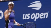 Aug 29, 2024; Flushing, NY, USA; Jessica Pegula (USA) reacts after winning a point against Sofia Kenin (USA)(not pictured) in a women's singles match on day four of the 2024 U.S. Open tennis tournament at Billie Jean King National Tennis Center. Mandatory Credit: Geoff Burke-USA TODAY Sports
