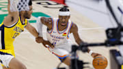 Jun 16, 2025; Oklahoma City, Oklahoma, USA; Oklahoma City Thunder guard Shai Gilgeous-Alexander (2) brings the ball up court past Indiana Pacers center Tony Bradley (13) during the second quarter in game five of the 2025 NBA Finals at Paycom Center. Mandatory Credit: Alonzo Adams-Imagn Images