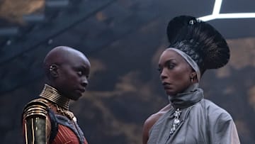 (L-R): Danai Gurira as Okoye and Angela Bassett as Ramonda in Marvel Studios' BLACK PANTHER: WAKANDA FOREVER. Photo by Eli Adé. © 2022 MARVEL.