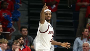 Feb 1, 2025; Oxford, Mississippi, USA; Auburn Tigers guard Denver Jones (2) reacts after a basket during the second half against the Mississippi Rebels at The Sandy and John Black Pavilion at Ole Miss. Mandatory Credit: Petre Thomas-Imagn Images