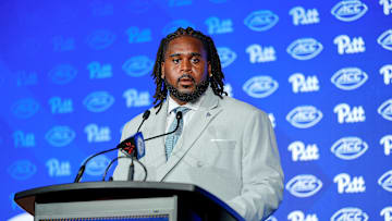 Jul 23, 2025; Charlotte, NC, USA; Pittstburgh offensive lineman Lyndon Cooper answers questions from the media during ACC Media days at Hilton Charlotte Uptown
