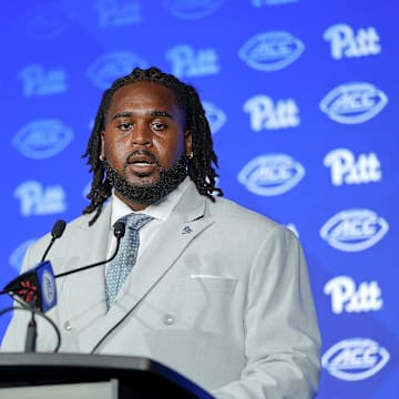 Jul 23, 2025; Charlotte, NC, USA; Pittstburgh offensive lineman Lyndon Cooper answers questions from the media during ACC Media days at Hilton Charlotte Uptown. Mandatory Credit: Jim Dedmon-Imagn Images