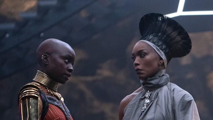 (L-R): Danai Gurira as Okoye and Angela Bassett as Ramonda in Marvel Studios' BLACK PANTHER: WAKANDA FOREVER. Photo by Eli Adé. © 2022 MARVEL.