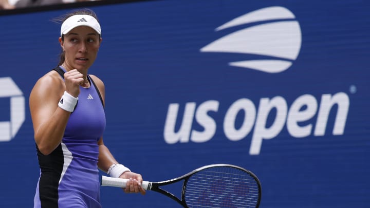 Aug 29, 2024; Flushing, NY, USA; Jessica Pegula (USA) reacts after winning a point against Sofia Kenin (USA)(not pictured) in a women's singles match on day four of the 2024 U.S. Open tennis tournament at Billie Jean King National Tennis Center. Mandatory Credit: Geoff Burke-USA TODAY Sports