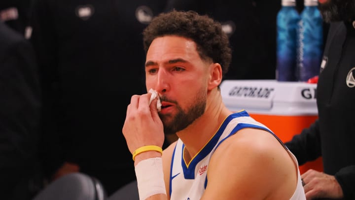 Jan 24, 2024; San Francisco, California, USA; Golden State Warriors guard Klay Thompson (11) wipes away tears before a game against the Atlanta Hawks at Chase Center. Mandatory Credit: Kelley L Cox-USA TODAY Sports Jan 24, 2024; San Francisco, California, USA; Golden State Warriors guard Klay Thompson (11) wipes away tears before a game against the Atlanta Hawks at Chase Center. Mandatory Credit: Kelley L Cox-USA TODAY Sports