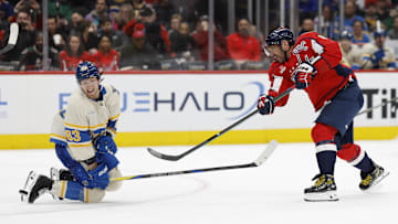 Feb 27, 2025; Washington, District of Columbia, USA; St. Louis Blues left wing Jake Neighbours (63) blocks a shot by Washington Capitals left wing Alex Ovechkin (8) in the third period at Capital One Arena. Mandatory Credit: Geoff Burke-Imagn Images
