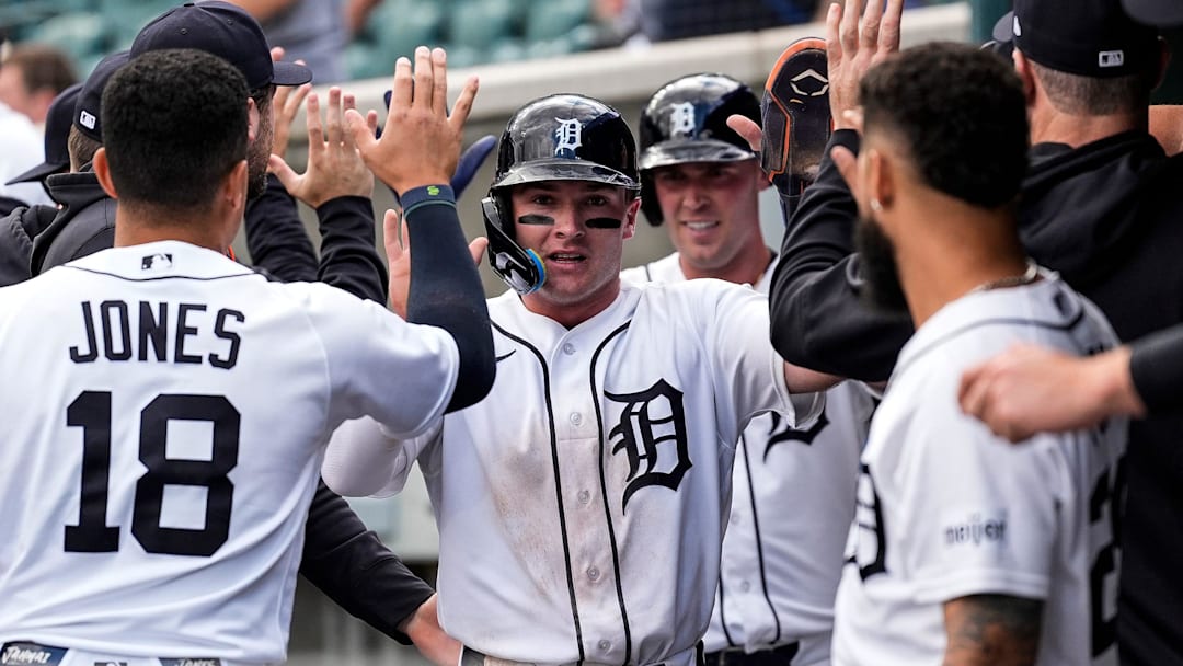 Detroit Tigers third baseman Kevin McGonigle (7) celebrates with teammates after scoring a run from right fielder Kerry Carpenter’s sacrifice fly ball during the seventh inning against Kansas City Royals at Comerica Park in Detroit on Thursday, April 16, 2026.