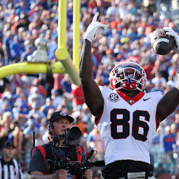 Nov 1, 2025; Jacksonville, Florida, USA; Georgia Bulldogs wide receiver Dillon Bell (86) celebrates a touchdown in the first quarter against the Florida Gators at EverBank Stadium. Mandatory Credit: Matt Pendleton-Imagn Images