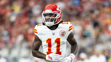 Aug 9, 2025; Glendale, Arizona, USA; Kansas City Chiefs wide receiver Jalen Royals (11) against the Arizona Cardinals during a preseason NFL game at State Farm Stadium. Mandatory Credit: Mark J. Rebilas-Imagn Images