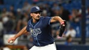 Jun 11, 2024; St. Petersburg, Florida, USA; Tampa Bay Rays starting pitcher Zach Eflin (24) throws a pitch in the first inning against the Chicago Cubs at Tropicana Field. Mandatory Credit: Jonathan Dyer-USA TODAY Sports