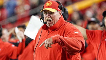 Kansas City Chiefs head coach Andy Reid reacts to a call against the Denver Broncos during the second half at GEHA Field at Arrowhead Stadium.